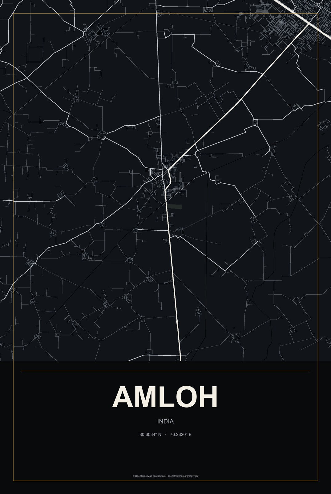Amloh, India City Map Aluminum Sign in Metropolitan Noir style