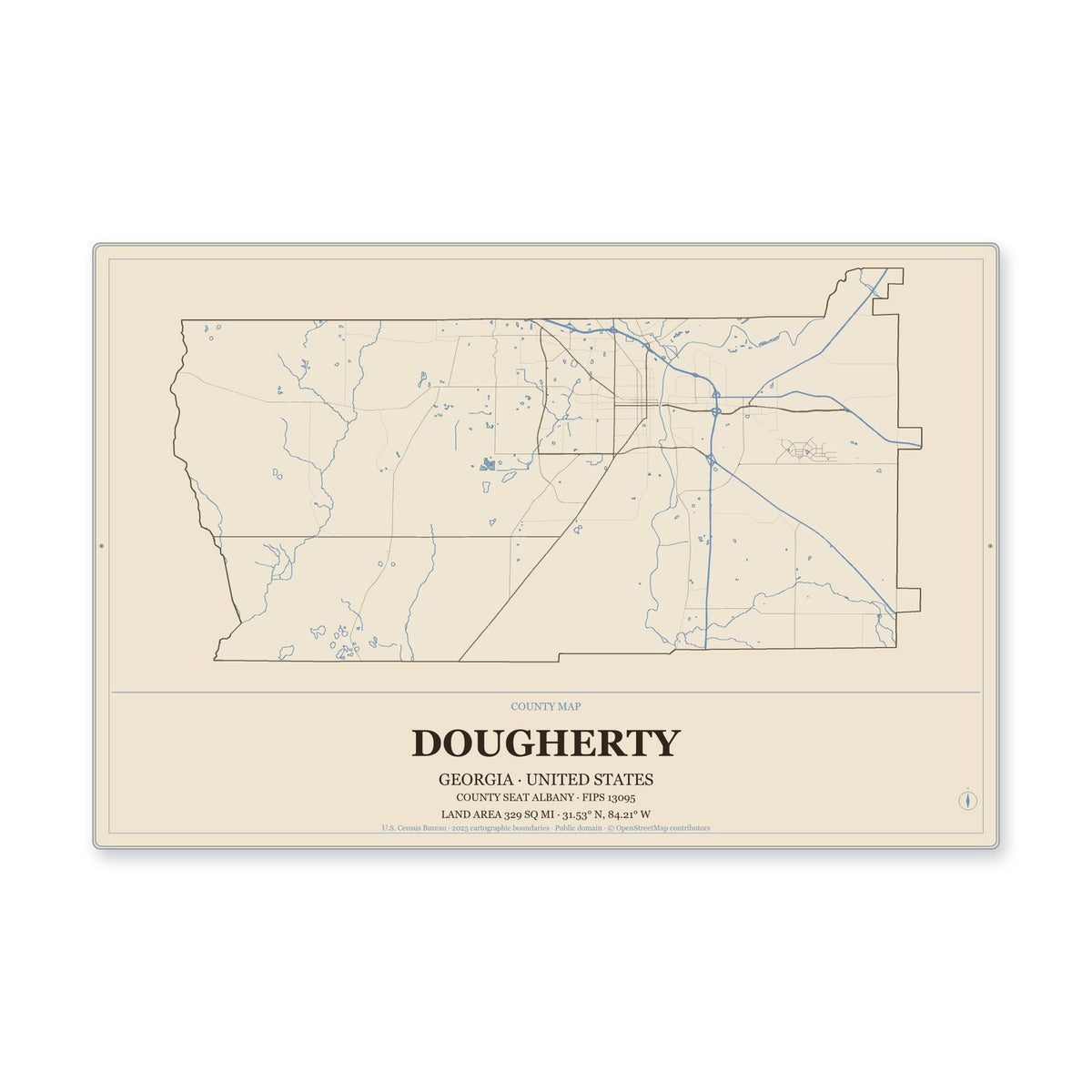 Dougherty County, Georgia Map Aluminum Sign in Heritage Nautical style