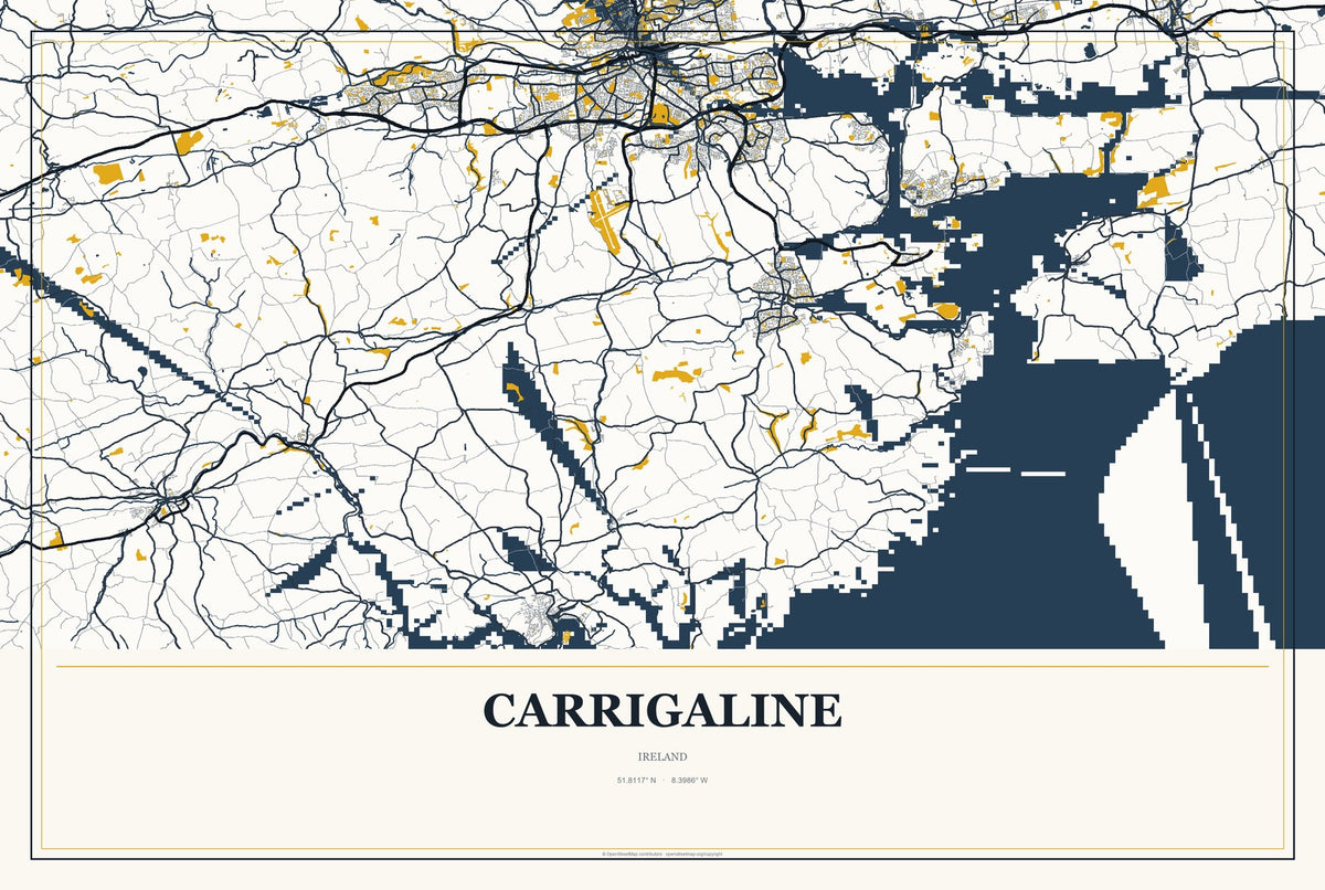 Carrigaline, Ireland City Map Aluminum Sign in Citrine Modern style