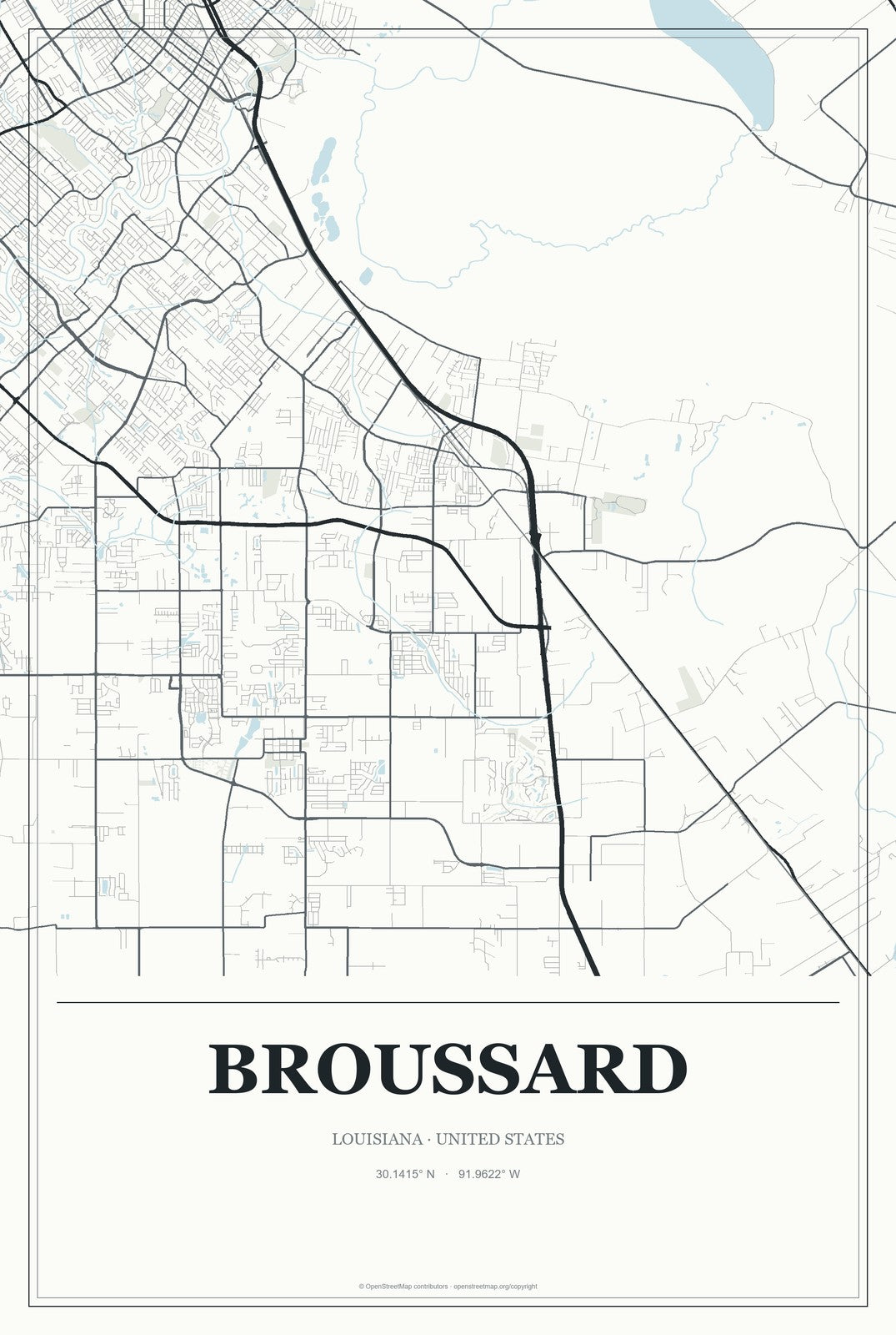 Broussard, Louisiana City Map Aluminum Sign in Gallery Air style