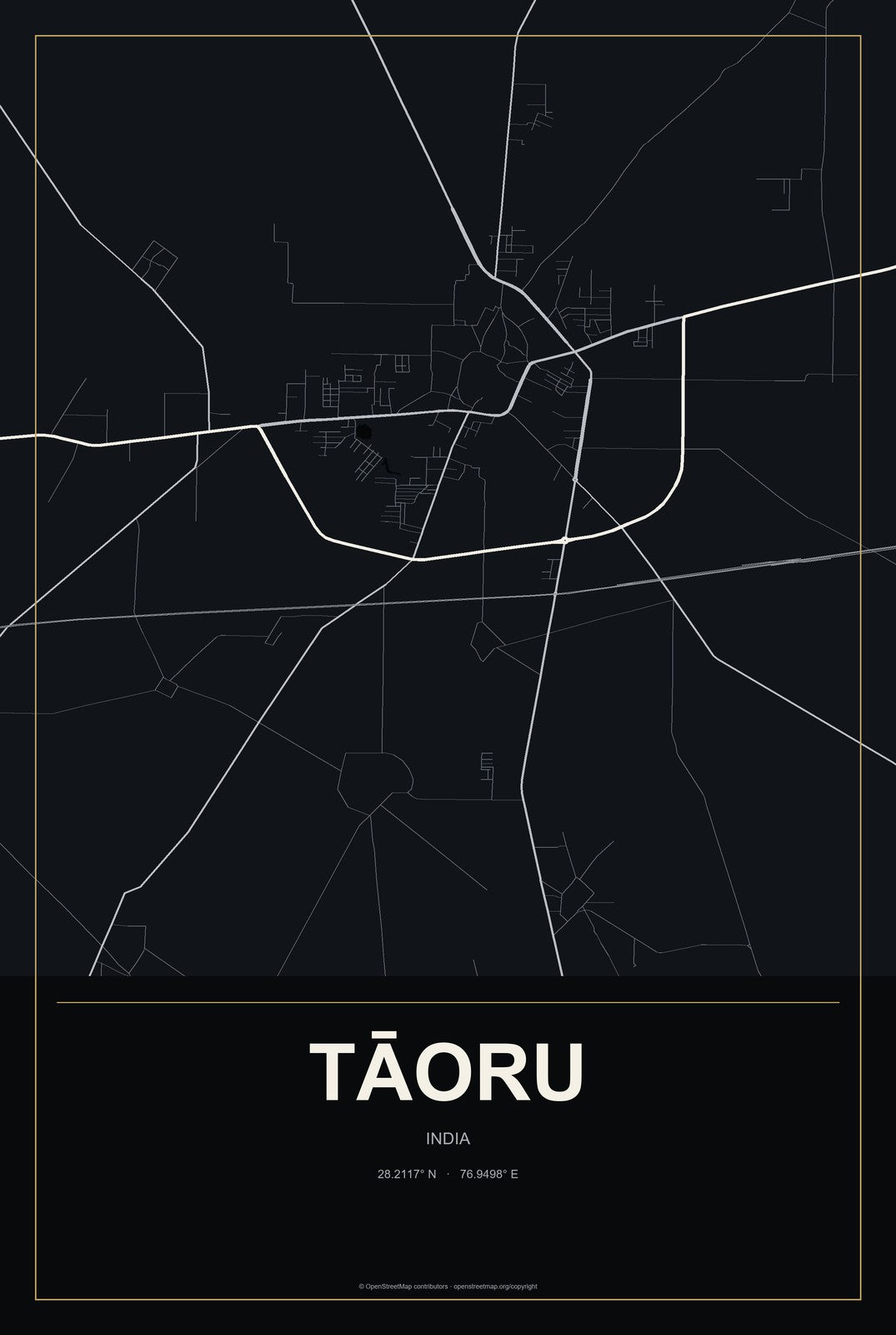 Tāoru, India City Map Aluminum Sign in Metropolitan Noir style