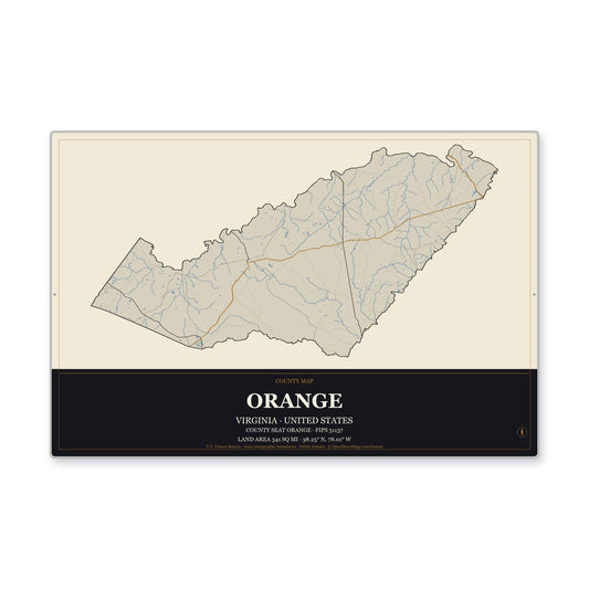 Orange County, Virginia Map Aluminum Sign in Museum Plaque style