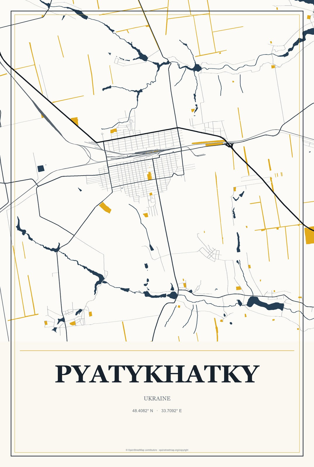 Pyatykhatky, Ukraine City Map Aluminum Sign in Citrine Modern style