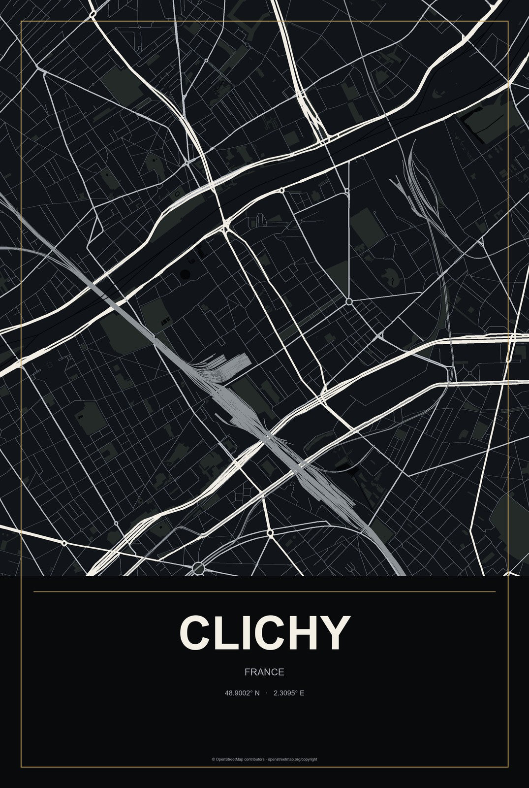 Clichy, France City Map Aluminum Sign in Metropolitan Noir style