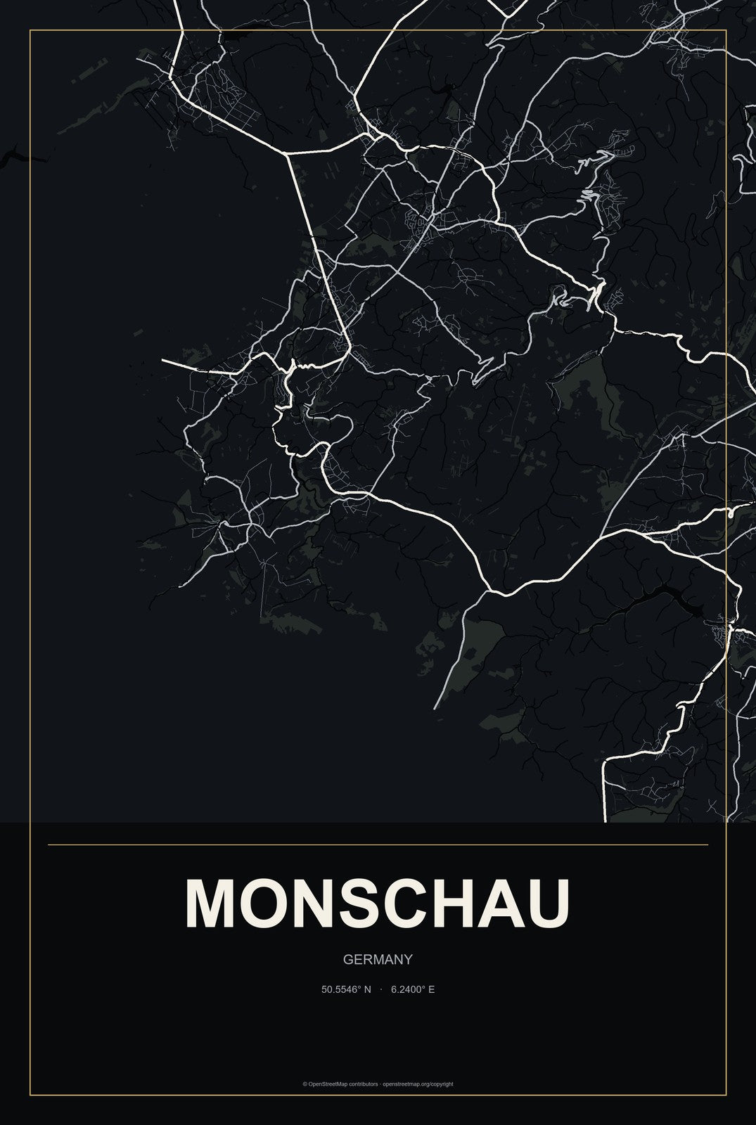 Monschau, Germany City Map Aluminum Sign in Metropolitan Noir style
