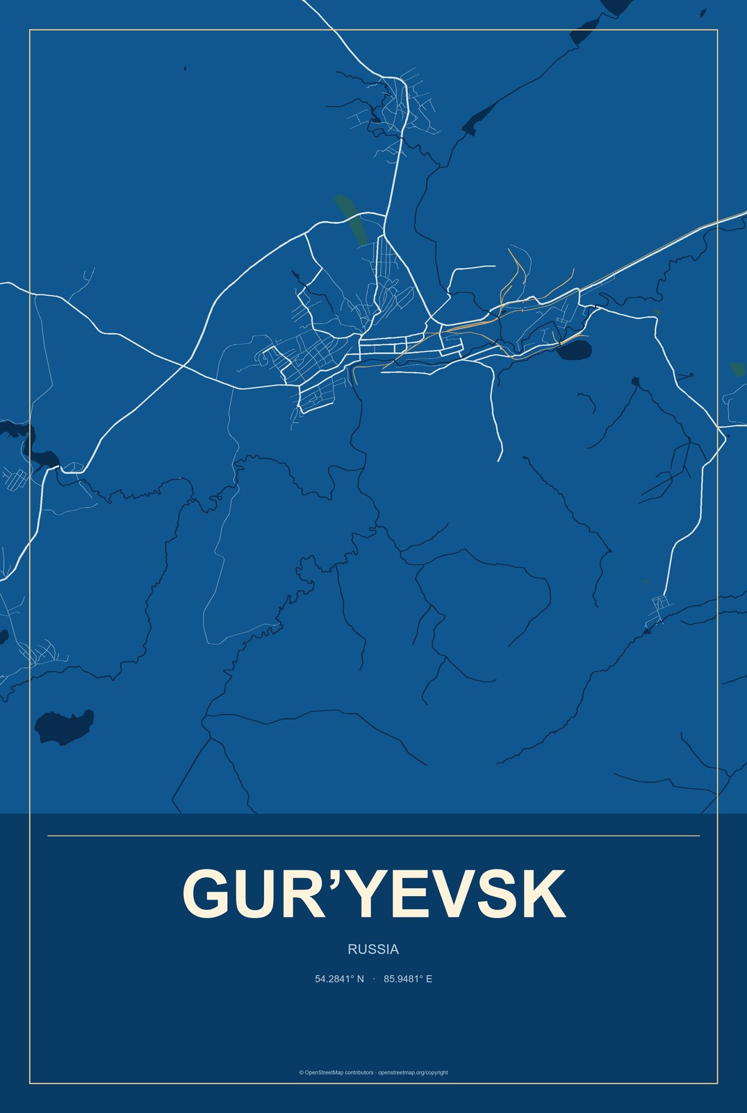 Gur’yevsk, Kuzbass, Russia City Map Aluminum Sign in Harbor Cobalt style
