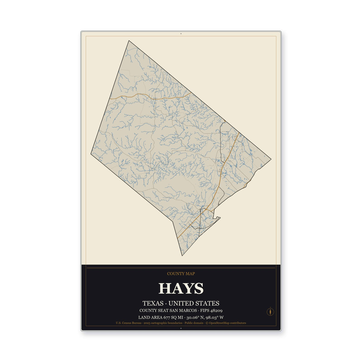 Hays County, Texas Map Aluminum Sign in Museum Plaque style