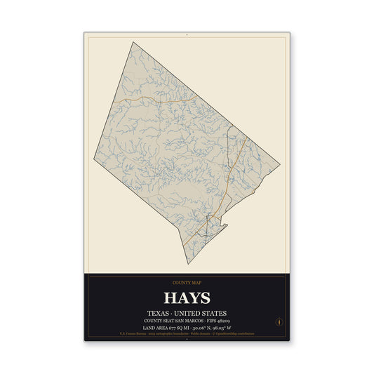 Hays County, Texas Map Aluminum Sign in Museum Plaque style