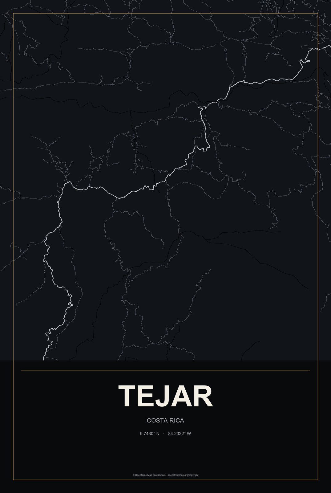 Tejar, Costa Rica City Map Aluminum Sign in Metropolitan Noir style