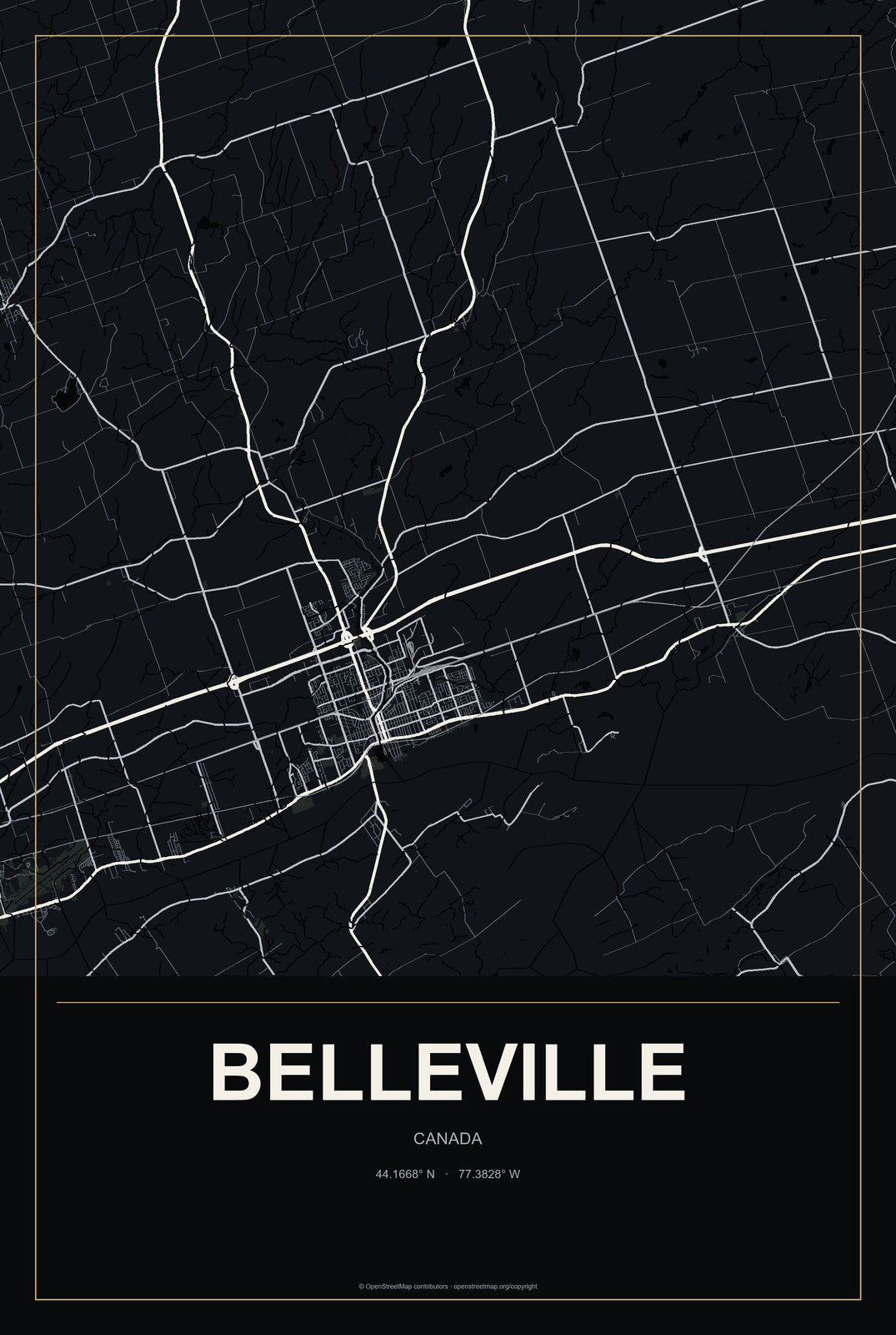 Belleville, Canada City Map Aluminum Sign in Metropolitan Noir style
