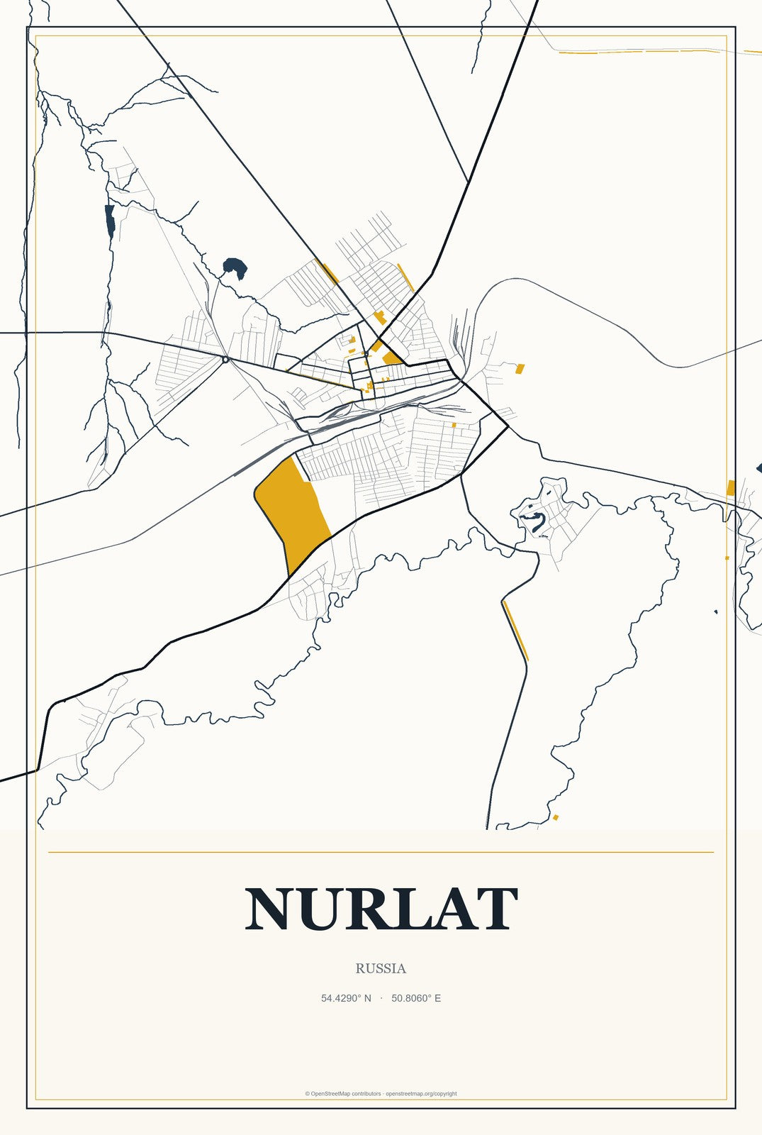 Nurlat, Russia City Map Aluminum Sign in Citrine Modern style