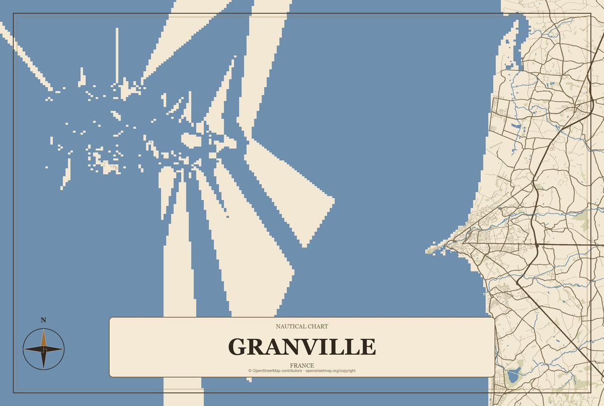 Granville, France City Map Aluminum Sign in Heritage Nautical style