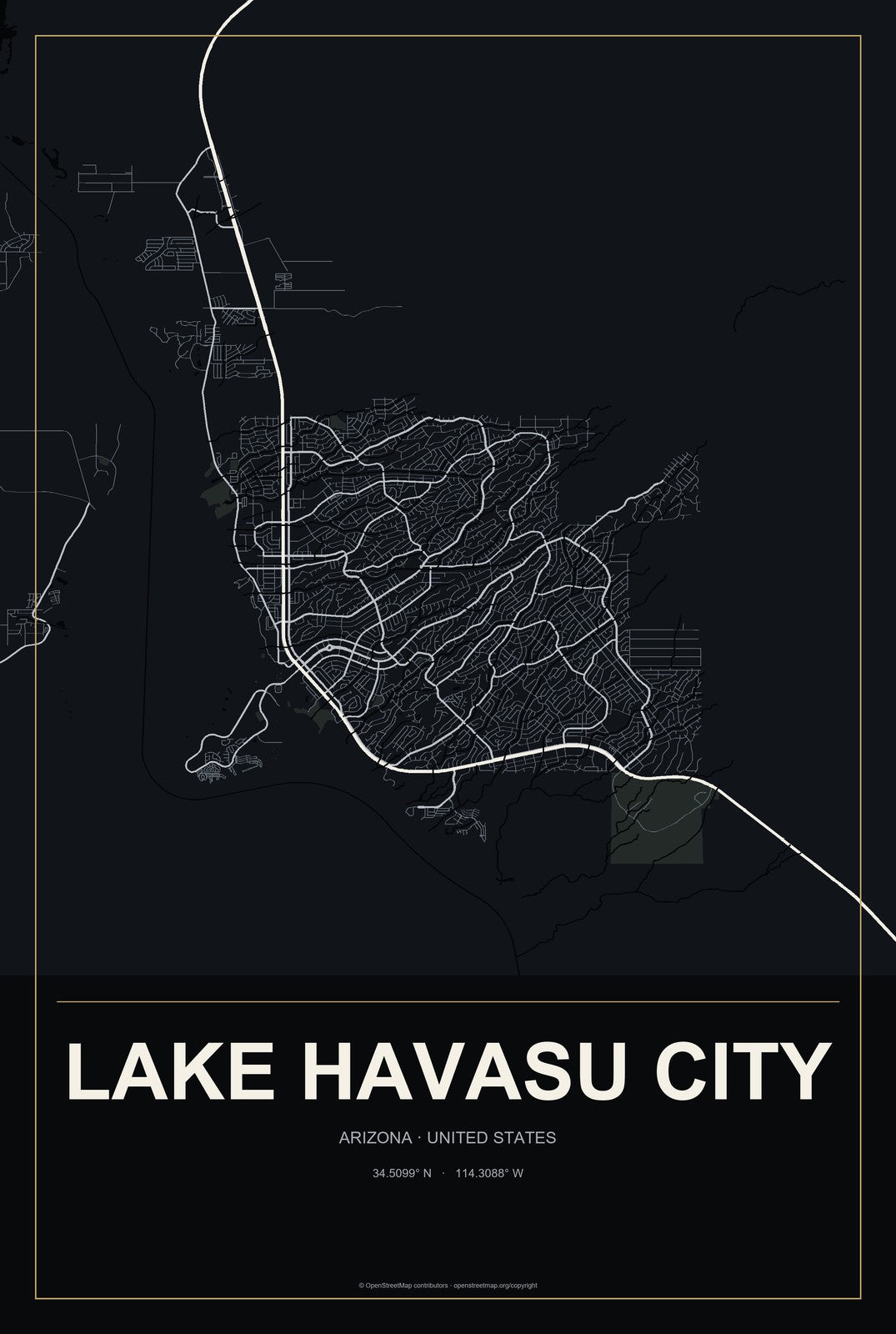Lake Havasu City, Arizona City Map Aluminum Sign in Metropolitan Noir style