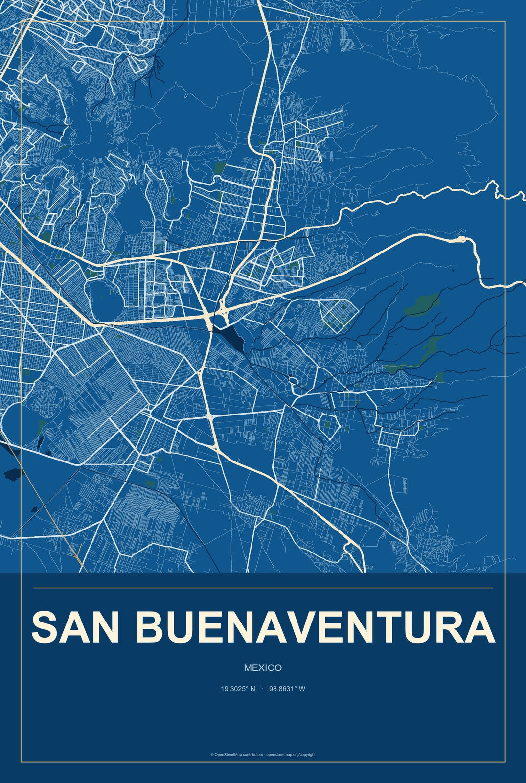 San Buenaventura, México, Mexico City Map Aluminum Sign in Harbor Cobalt style