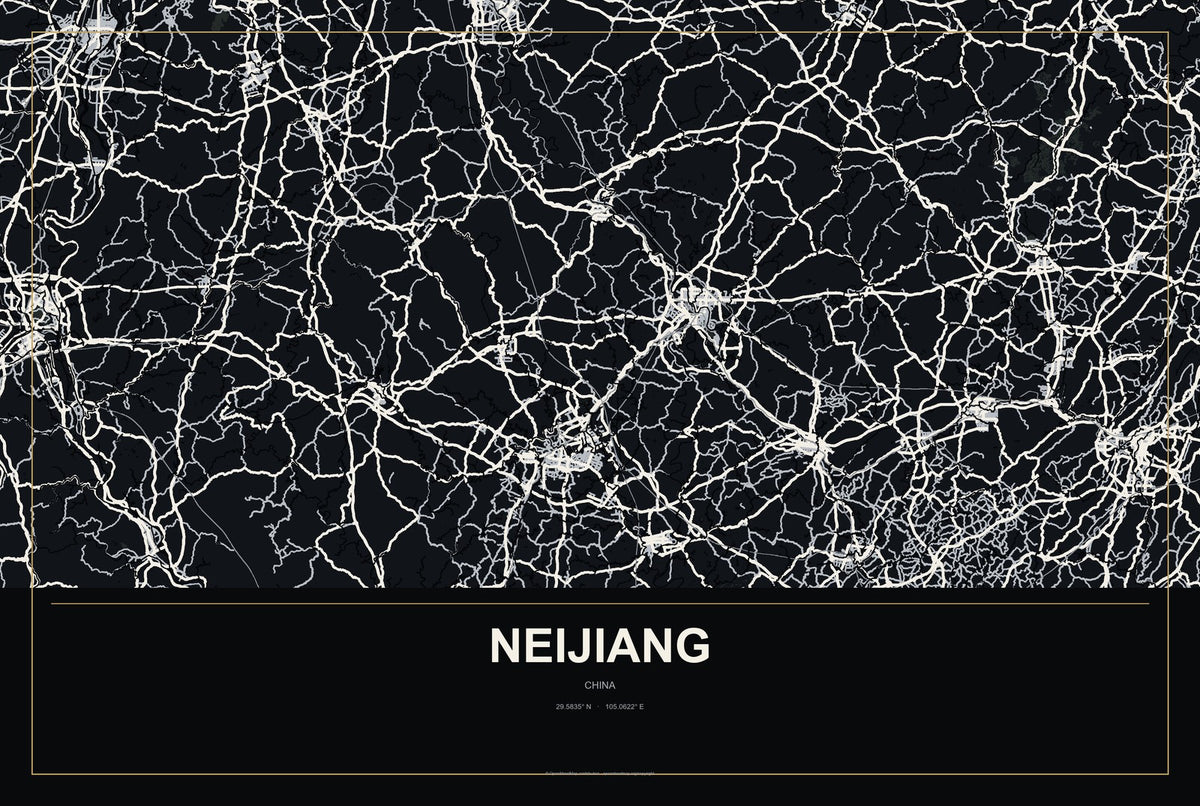 Neijiang, China City Map Aluminum Sign in Metropolitan Noir style