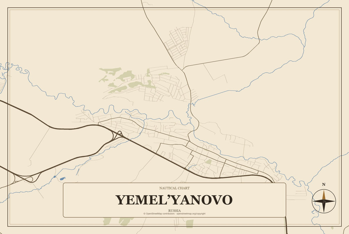 Yemel’yanovo, Russia City Map Aluminum Sign in Heritage Nautical style