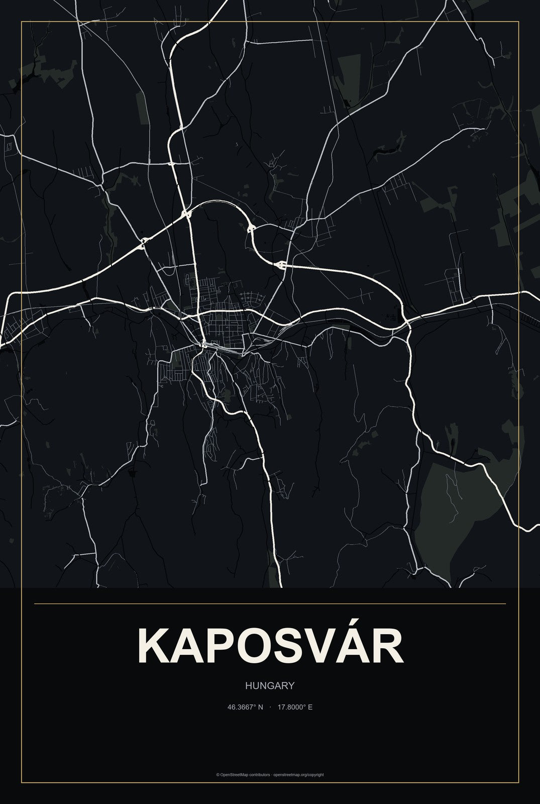 Kaposvár, Hungary City Map Aluminum Sign in Metropolitan Noir style