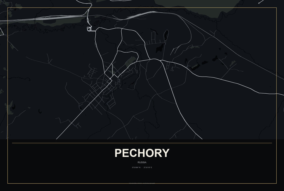 Pechory, Russia City Map Aluminum Sign in Metropolitan Noir style