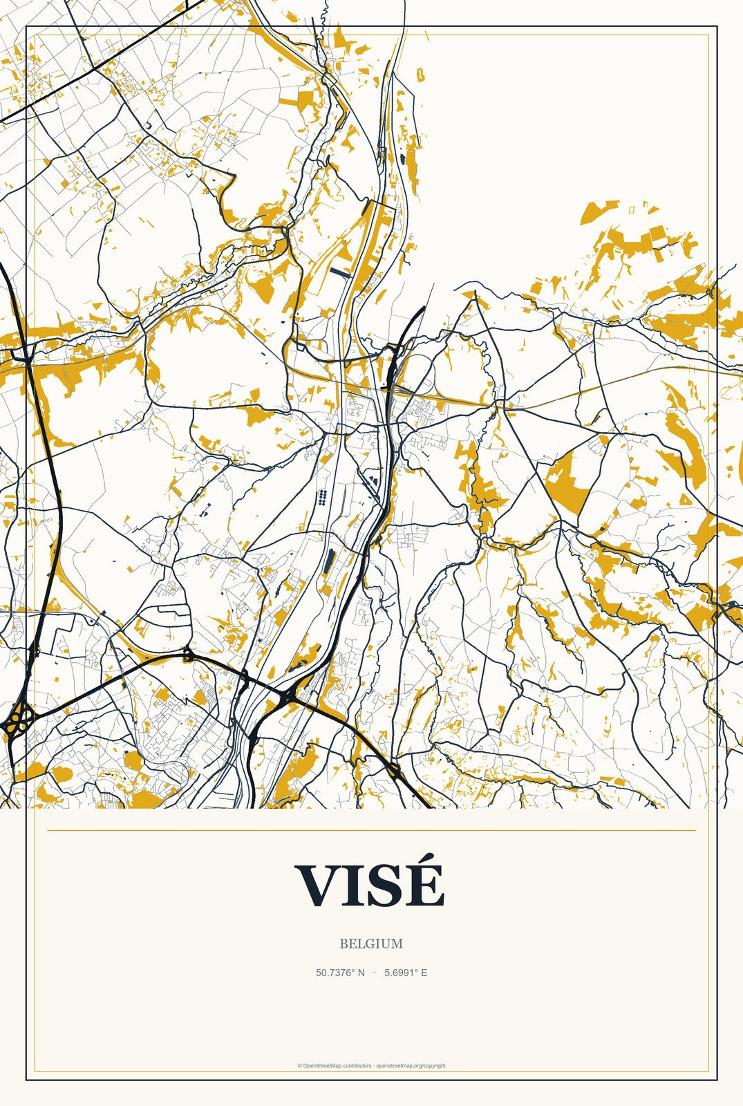 Visé, Belgium City Map Aluminum Sign in Citrine Modern style