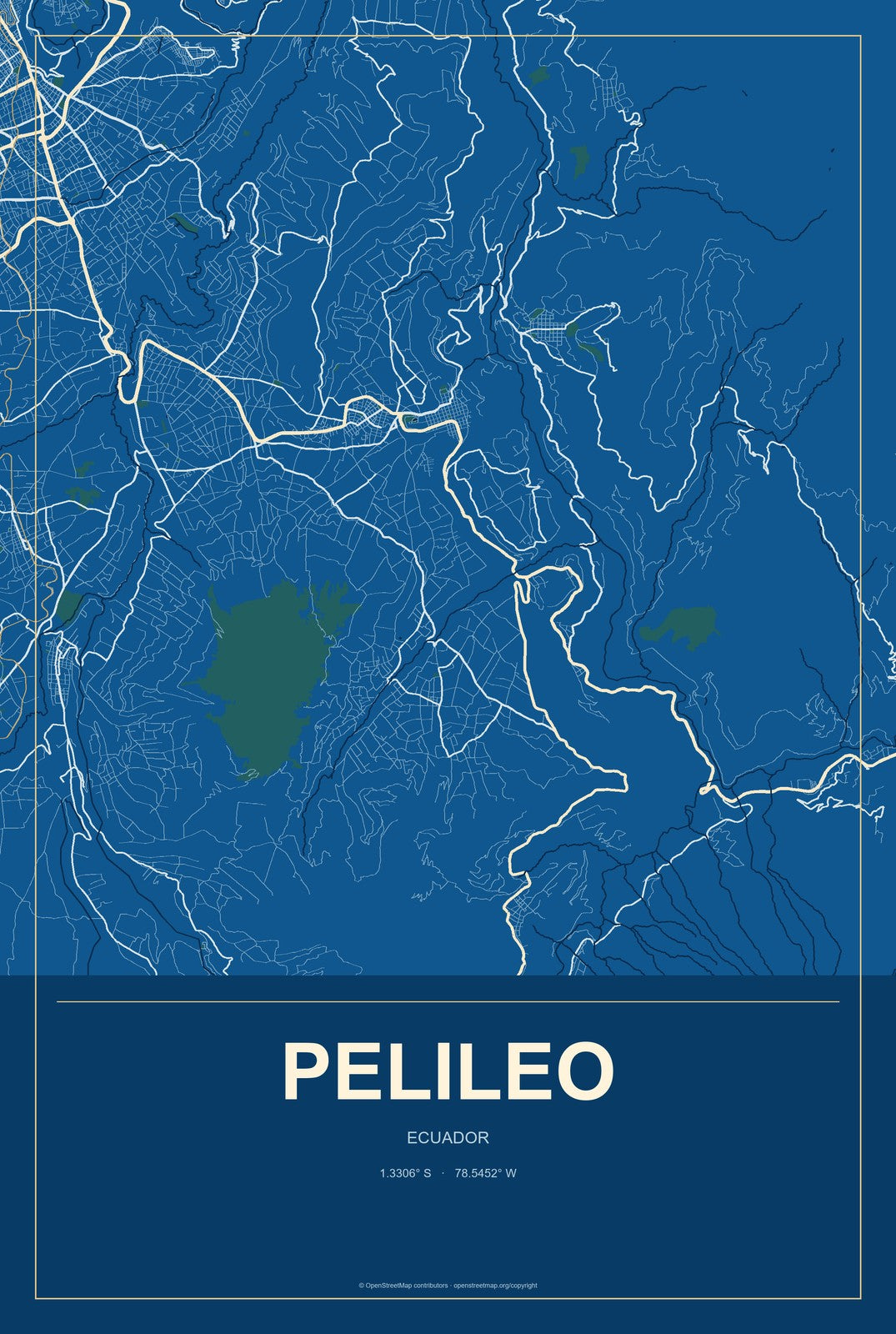 Pelileo, Ecuador City Map Aluminum Sign in Harbor Cobalt style