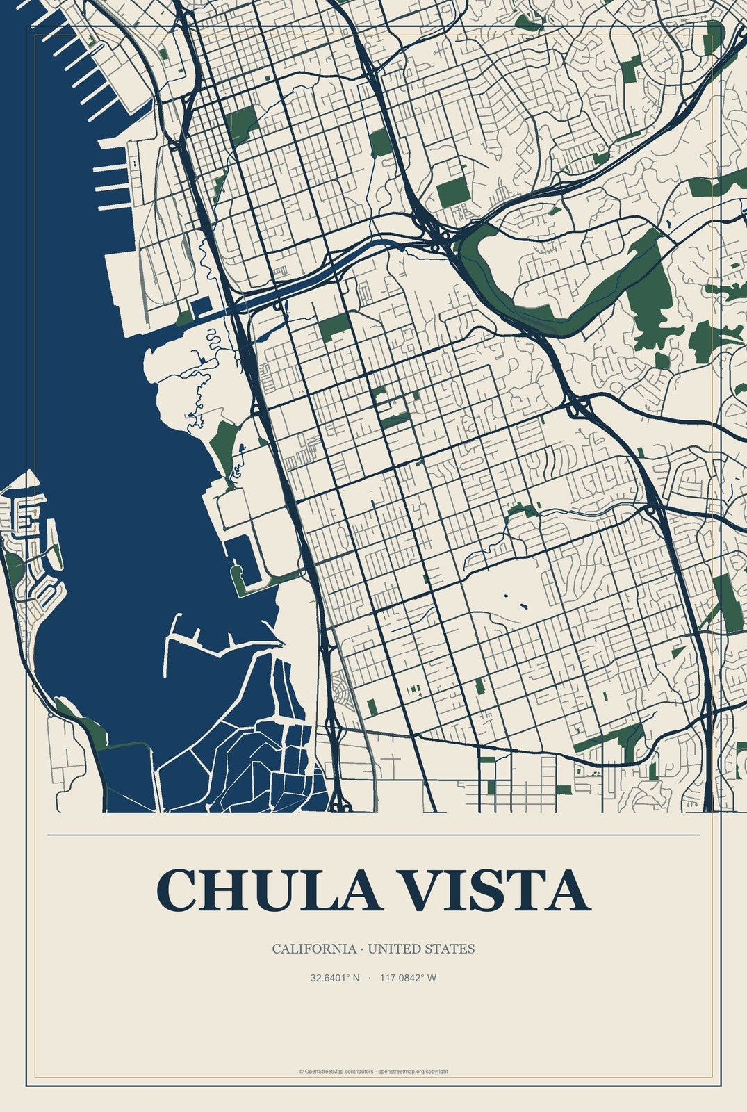 Chula Vista, California City Map Aluminum Sign in Coastal Cutout style