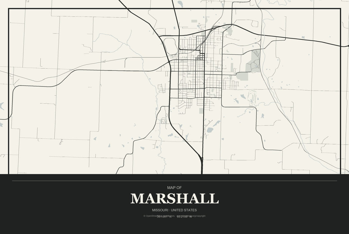 Marshall, Missouri City Map Aluminum Sign in Museum Plaque style
