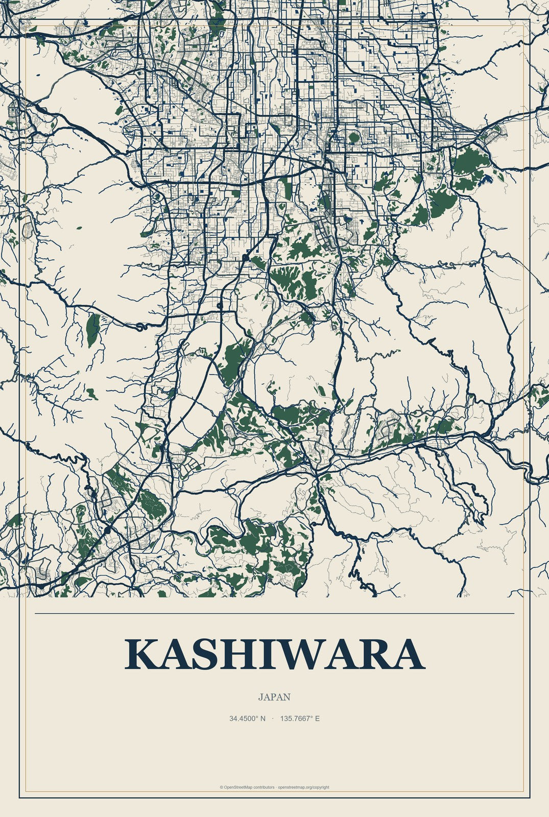 Kashiwara, Japan City Map Aluminum Sign in Coastal Cutout style