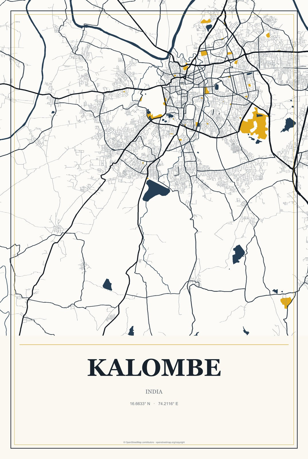 Kalombe, India City Map Aluminum Sign in Citrine Modern style