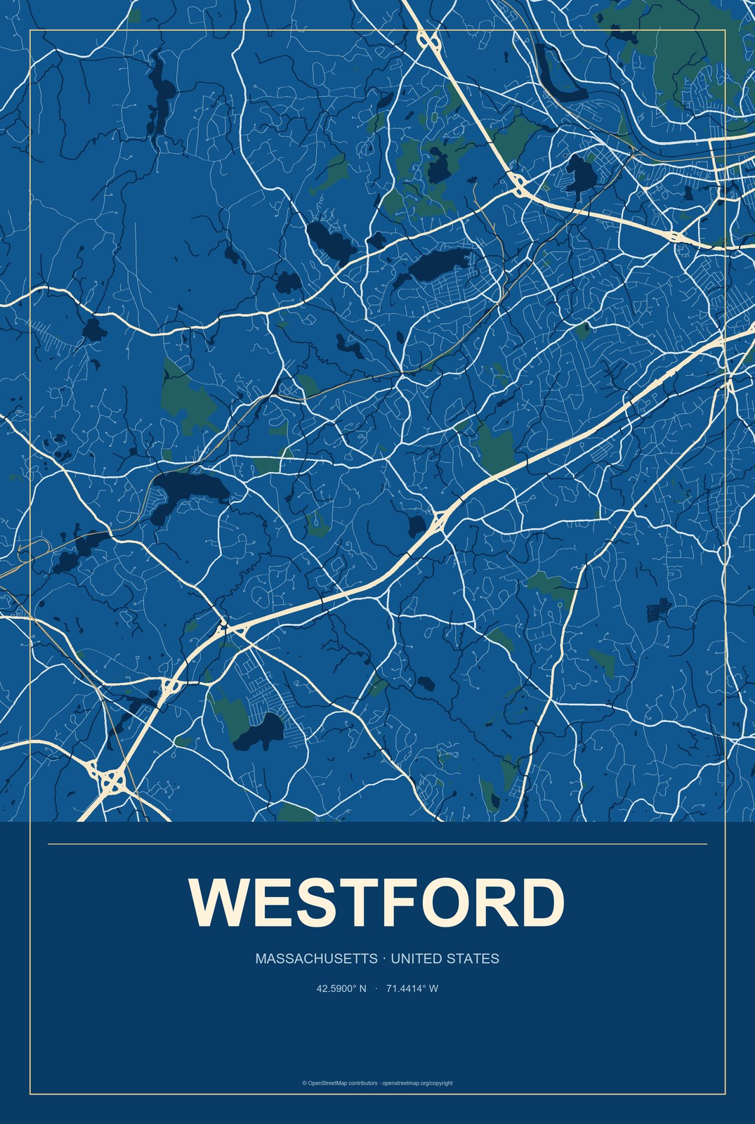 Westford, Massachusetts City Map Aluminum Sign in Harbor Cobalt style
