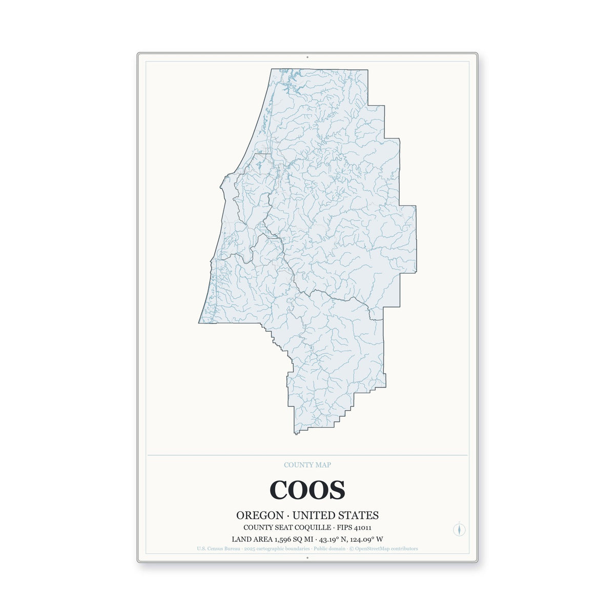 Coos County, Oregon Map Aluminum Sign in Gallery Air style