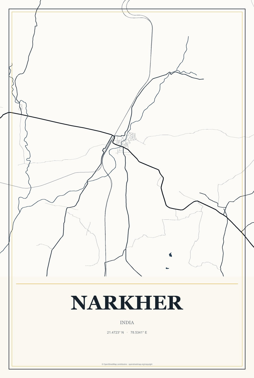 Narkher, India City Map Aluminum Sign in Citrine Modern style