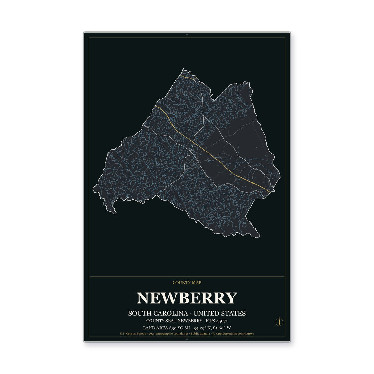 Newberry County, South Carolina Map Aluminum Sign in Metropolitan Noir style
