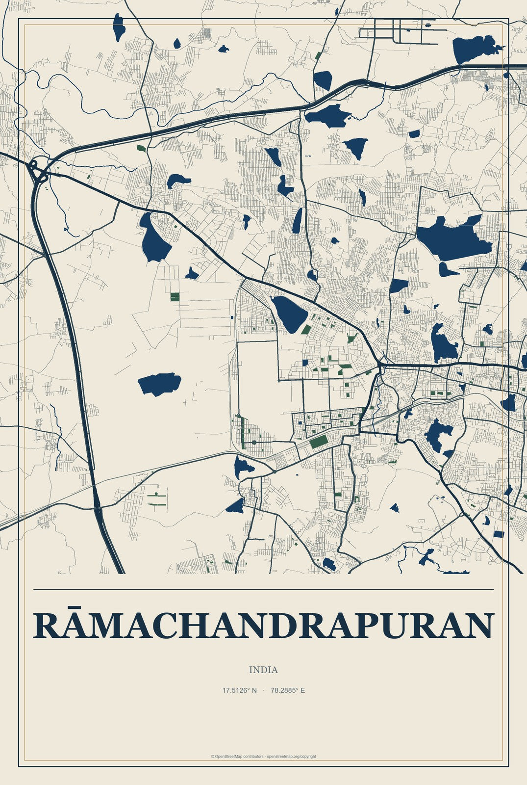 Rāmachandrapuran, India City Map Aluminum Sign in Coastal Cutout style