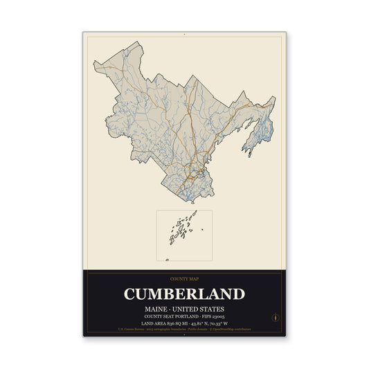Cumberland County, Maine Map Aluminum Sign in Museum Plaque style