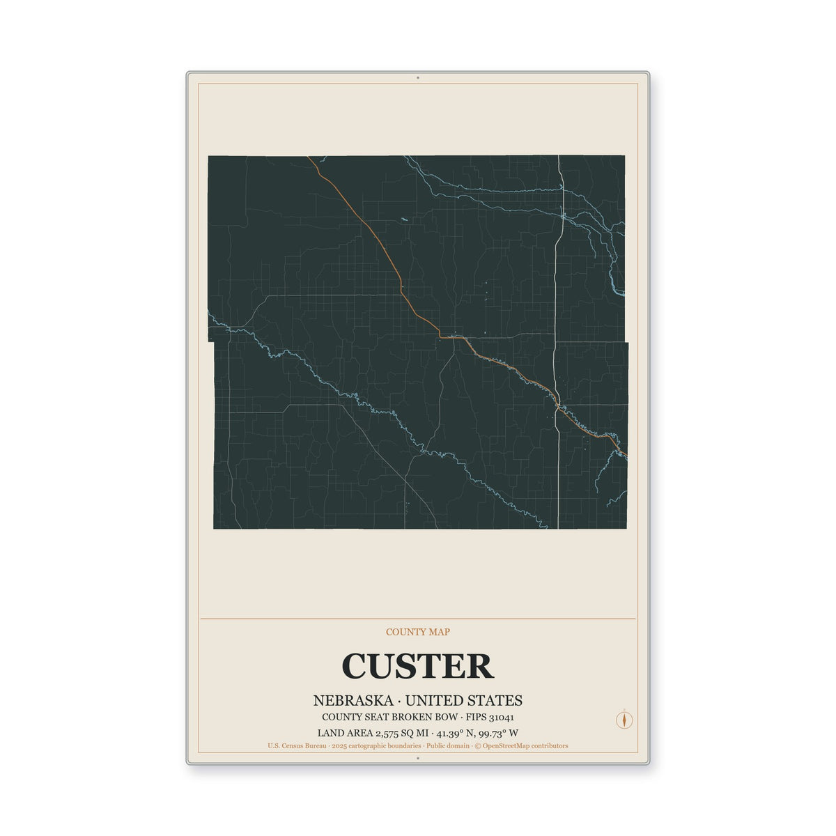 Custer County, Nebraska Map Aluminum Sign in Headline Atlas style