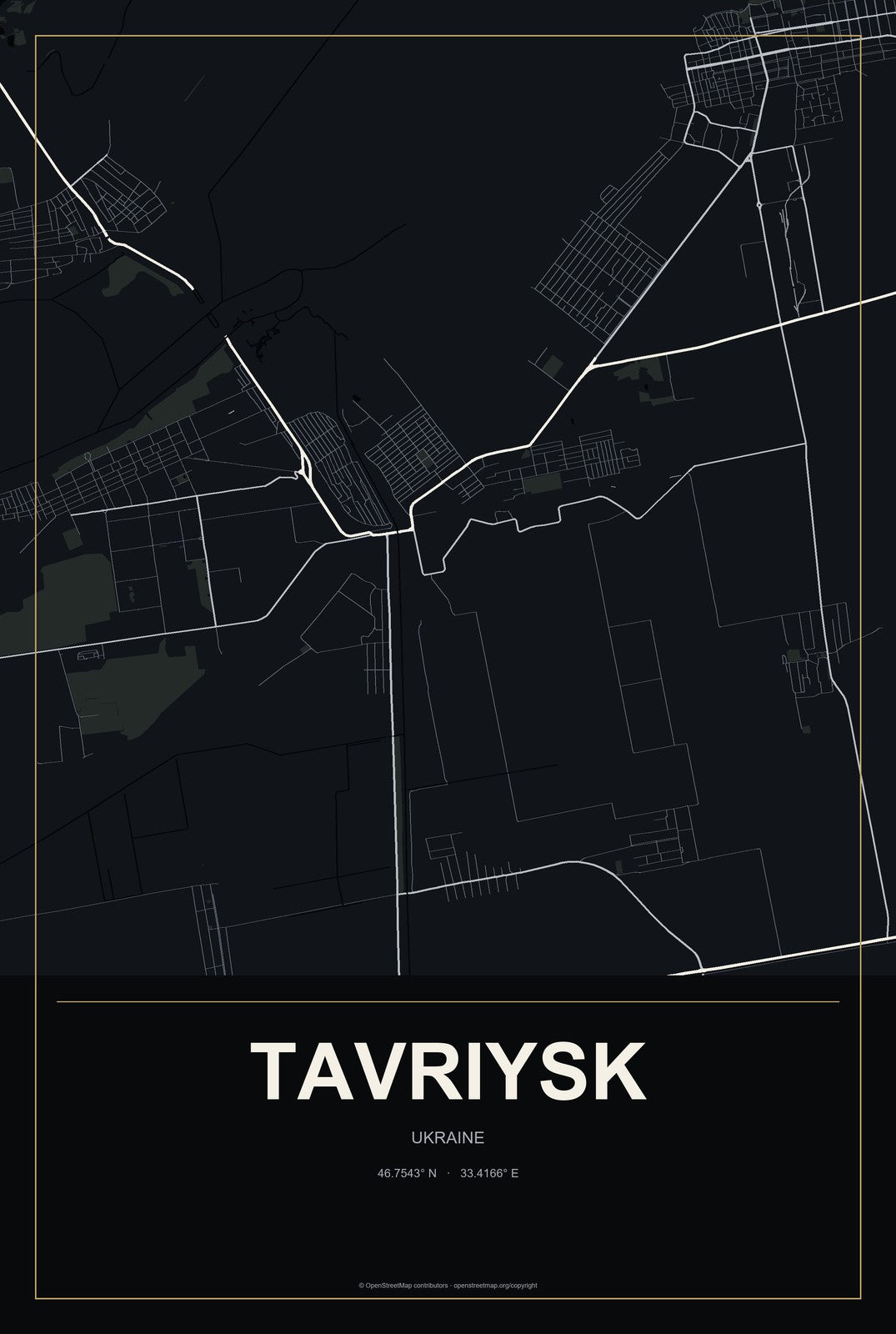 Tavriysk, Ukraine City Map Aluminum Sign in Metropolitan Noir style