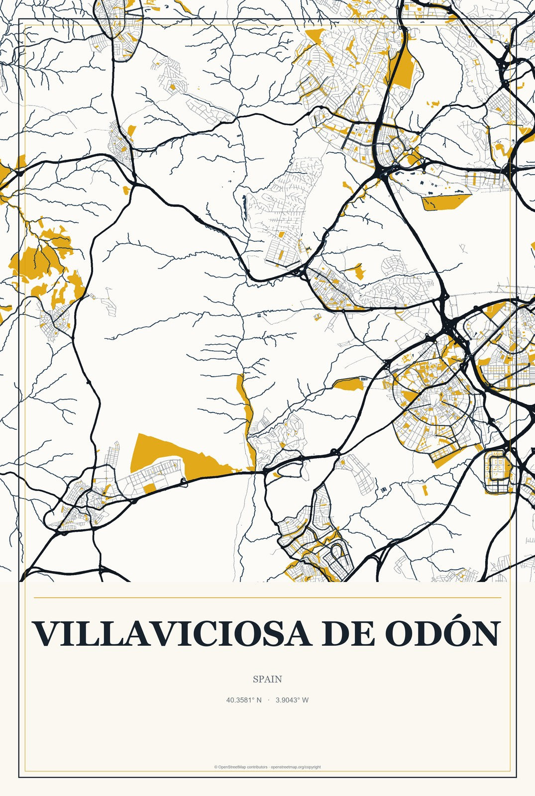 Villaviciosa de Odón, Spain City Map Aluminum Sign in Citrine Modern style