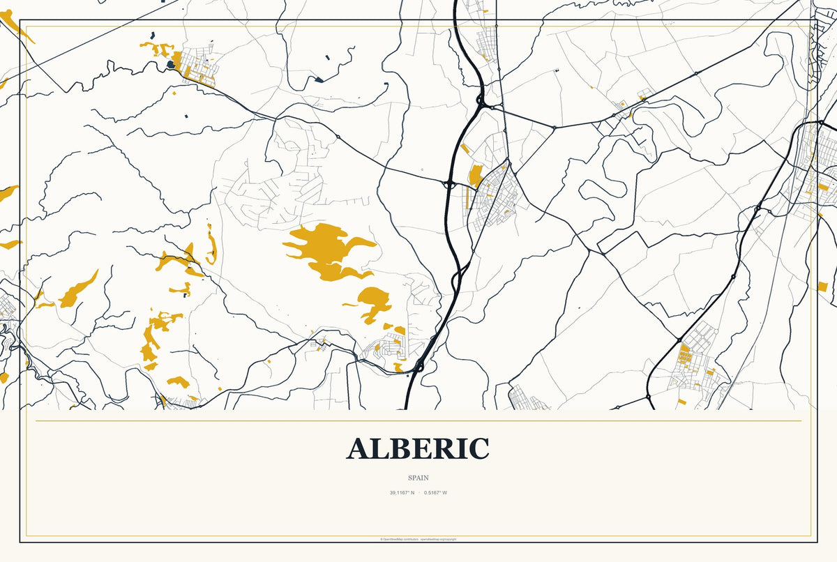 Alberic, Spain City Map Aluminum Sign in Citrine Modern style