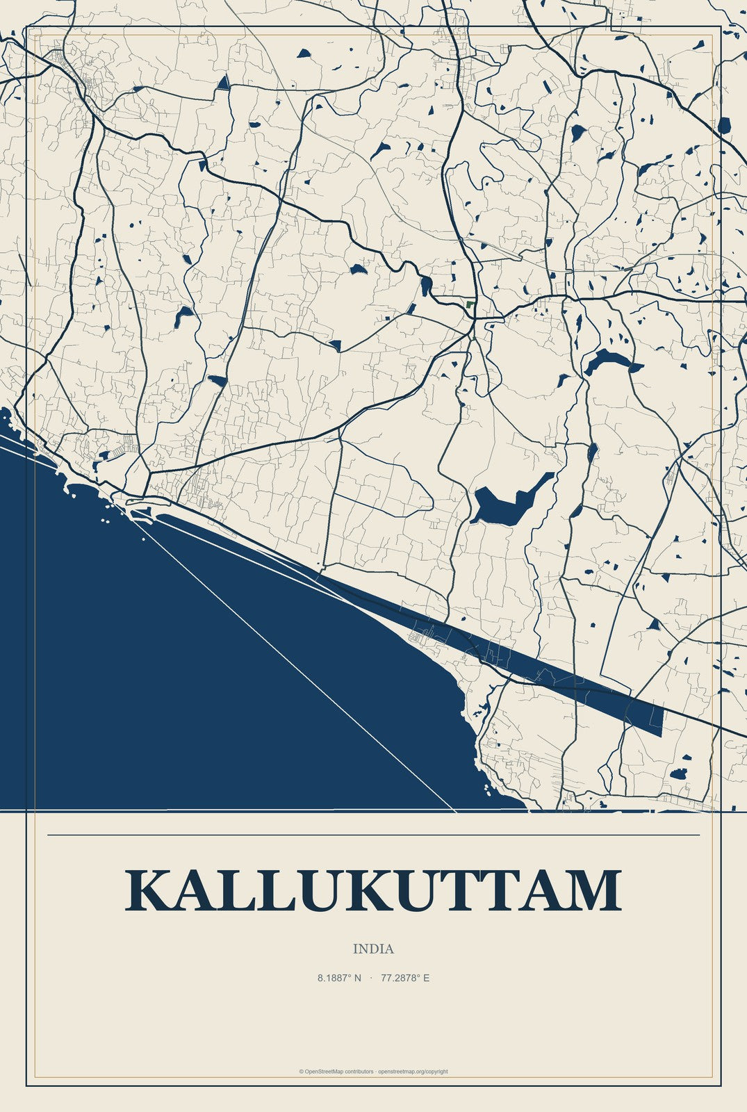 Kallukuttam, India City Map Aluminum Sign in Coastal Cutout style