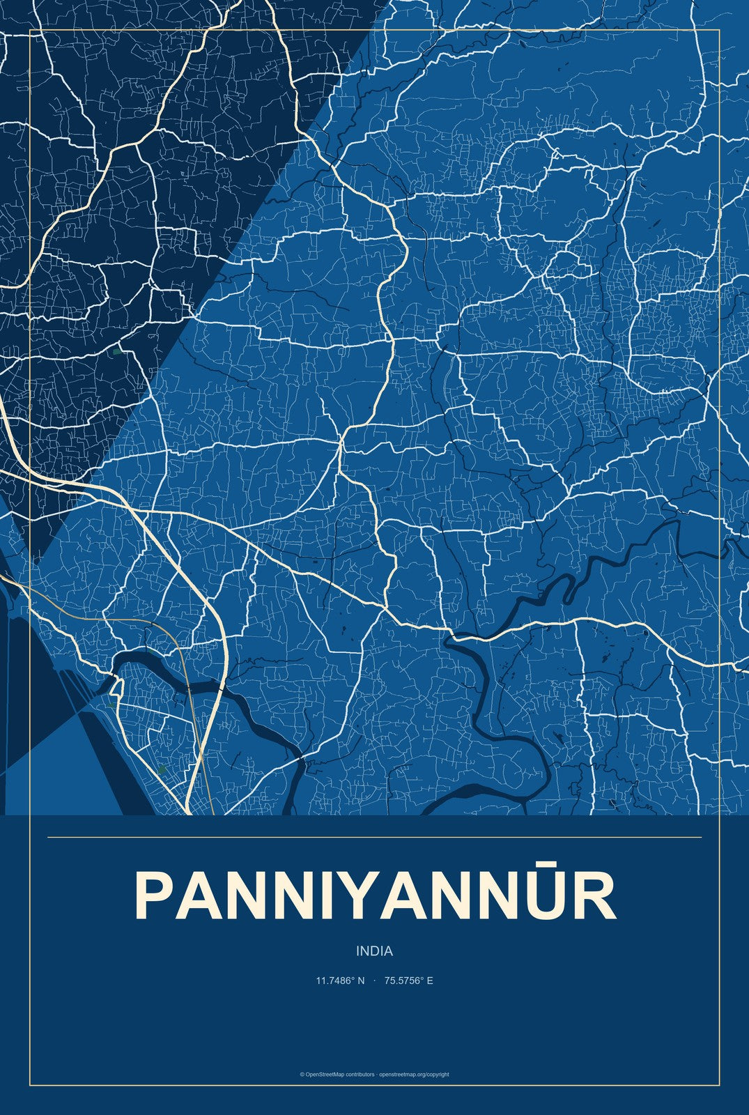 Panniyannūr, India City Map Aluminum Sign in Harbor Cobalt style