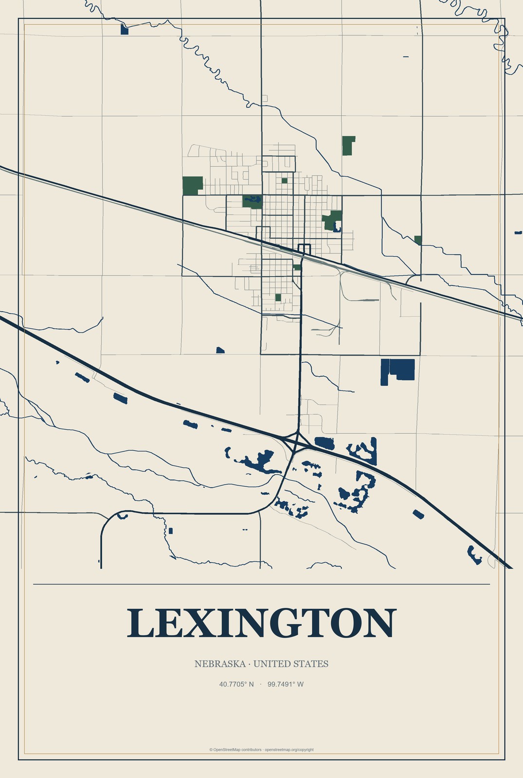 Lexington, Nebraska City Map Aluminum Sign in Coastal Cutout style