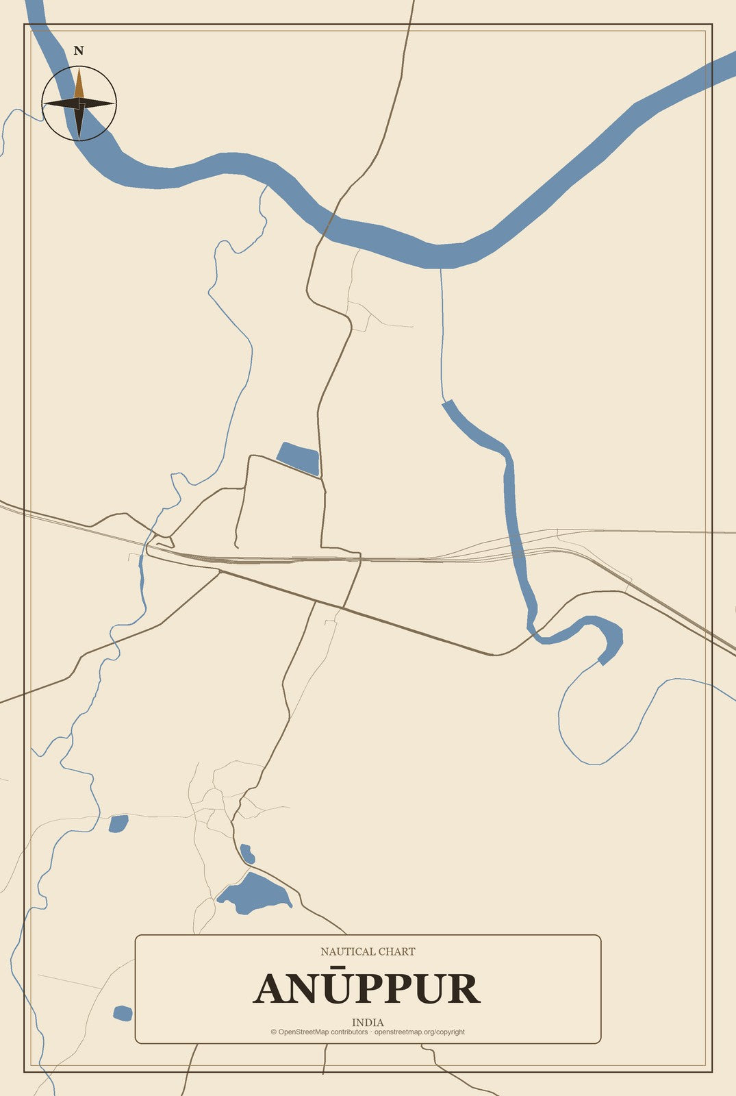 Anūppur, India City Map Aluminum Sign in Heritage Nautical style
