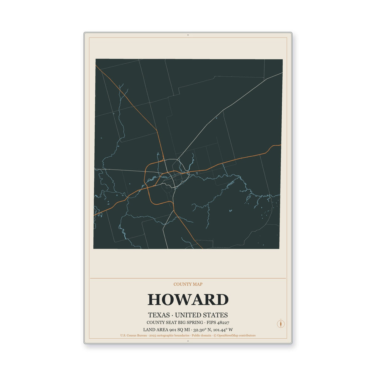 Howard County, Texas Map Aluminum Sign in Headline Atlas style