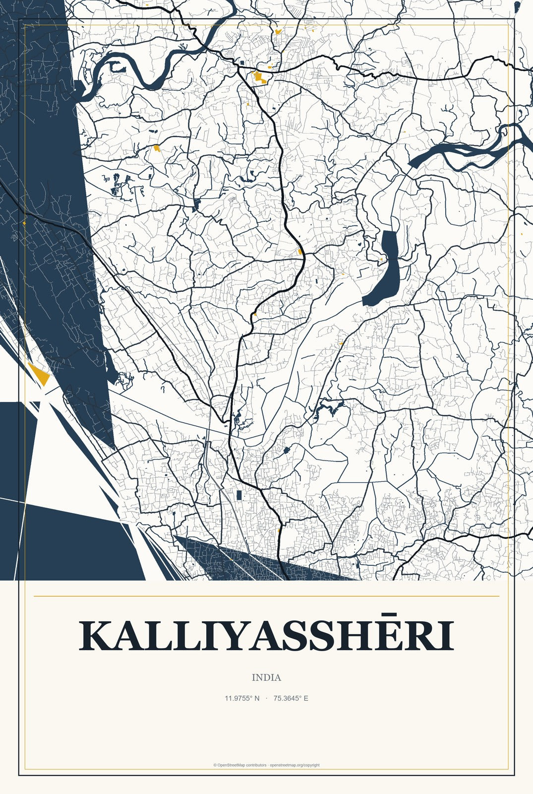 Kalliyasshēri, India City Map Aluminum Sign in Citrine Modern style