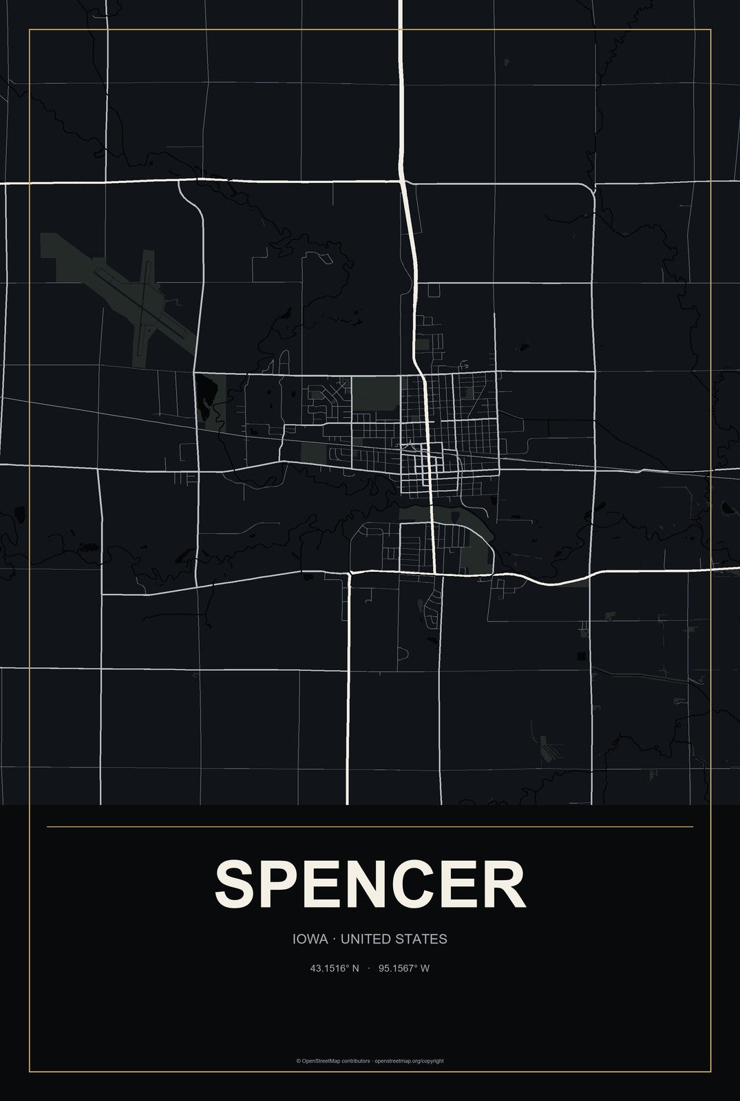 Spencer, Iowa City Map Aluminum Sign in Metropolitan Noir style