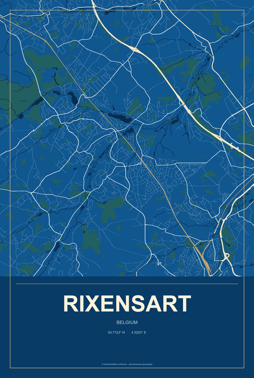 Rixensart, Belgium City Map Aluminum Sign in Harbor Cobalt style