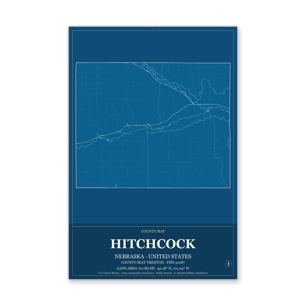 Hitchcock County, Nebraska Map Aluminum Sign in Harbor Cobalt style