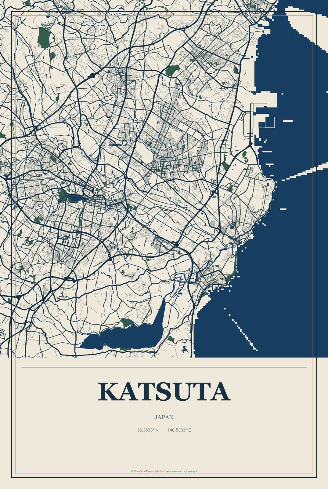 Katsuta, Japan City Map Aluminum Sign in Coastal Cutout style
