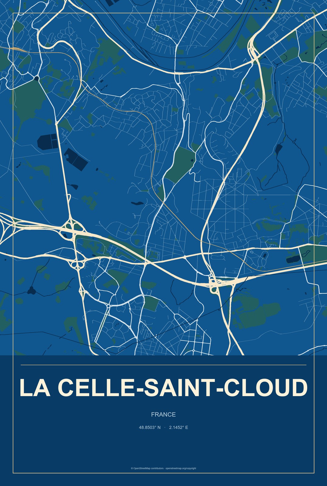 La Celle-Saint-Cloud, France City Map Aluminum Sign in Harbor Cobalt style