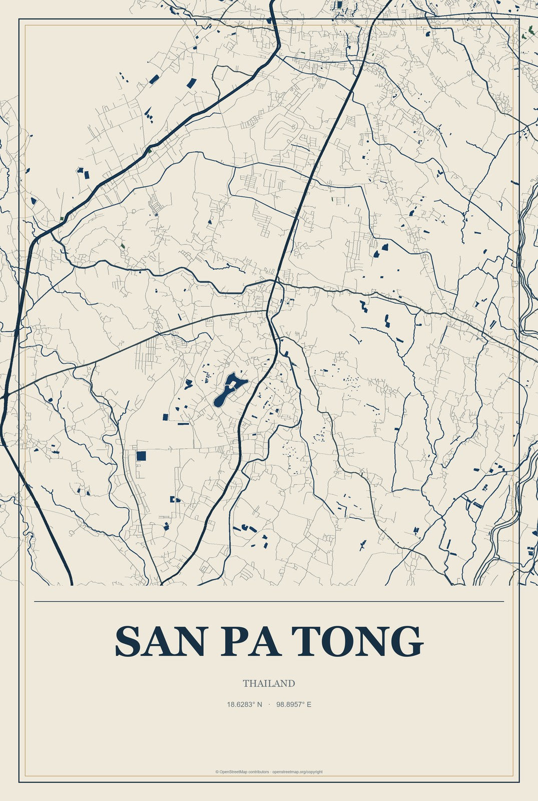 San Pa Tong, Thailand City Map Aluminum Sign in Coastal Cutout style